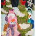 Quilted block depicting two snowmen in winter clothes playing hide-and-seek behind an evergreen tree with red cardinals perched in them