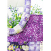 Close up of tote handle, a purple plaid wrapped cord attached to the bag by fabric loops with small purple, green, and yellow flowers inside.