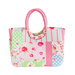 A pink, blue, and green pastel bag with red floral accents and gingham fabrics isolated on a white background