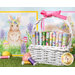 hoppy hunting panel behind a white basket full of pastel fabric with bunnies, flowers and easter eggs