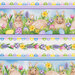 This fabric features an Easter border stripe with bunnies, flowers and eggs in the grass