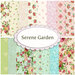 Composite image of all 17 fabrics within the Serene Garden collection, arranging from cream to pink to blue to green