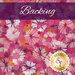 A pink and purple floral print with small white and light pink flowers all over and a purple banner with the word 