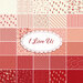 collage of all fabrics included in I Love Us collection in shades of cream, red, and pink
