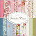 Collage of all of the pink, blue, and green fabrics in the French Roses collection.