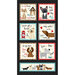 Digital image of a rectangular fabric panel with a black paw print border around six square blocks and one oblong rectangle, each bordered with a color from the collection and depicting dogs of differing breeds with dog-themed phrases like 
