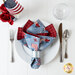 Reversible cloth napkin with flags and patriotic motifs on blue on one side, and red tonal gingham on the other.