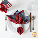 Reversible cloth napkin with red tonal gingham on one side, and flags and patriotic motifs on blue  on the other.