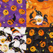 Close up of a quilt block made up of four Halloween-themed fabrics with gnomes, jack-o-lanterns, and fall leaves