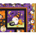 Close up of a corner quilt block depicting a gnome with Halloween decor of a cauldron and jack-o-lanterns with a crescent moon in the sky
