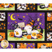 Close up of a quilt block depicting three gnomes with Halloween decor of a cauldron and jack-o-lanterns with a crescent moon in the sky
