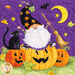 Close up of a quilt block showing a black cat, bat, and gnome with jack-o-lanterns wearing a pointed hat with stars