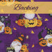 Purple fabric with scenes of witch gnomes, jack-o-lanterns, black cats, and cauldrons with an orange banner and the word 