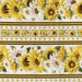 This fabric features a border stripe pattern with sunflowers and daisies with white and yellow ditsy flowers. 