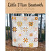 The front of the Little Miss Sawtooth pattern by Melanie Traylor showing a large geometric quilt being held up outdoors