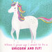 fabric with a teal and white background, covered yby a unicorn with a rainbow mane and the phrase 