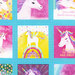 Closer image of squares in a fabric swatch featuring unicorns, rainbows, and unicorn related phrases