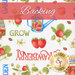 Fabric with an array of strawberries, watering cans, ladybugs, and garden inspired words all on a white background with a red banner at the top that reads 