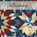 A swatch of multicolored fabric with red, white, and blue quilting stars. A translucent cream banner at the top reads 