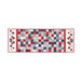 a patriotic red white and blue table runner in a patchwork pattern with flag motifs on either end, isolated on a white background