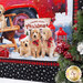 Close up angled photo of a finished panel quilt featuring golden retriever puppies in front of a red truck in a snowy Christmas scene hanging on a white paneled wall with a Christmas tree in the foreground