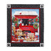 Photo of a finished panel quilt featuring golden retriever puppies in front of a red truck in a snowy Christmas scene isolated on a white background