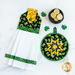 Hanging towel and hot pad for March, featuring shamrocks, hats, and gold coins with shamrocks and gold coin decorations.