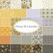 A collage of golden yellow, charcoal, and light lavender fabrics included in the Honey & Lavender collection