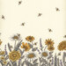 Up close shot for details and texture of the white border print fabric with yellow flower, grey plaid, and buzzing bees