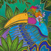 Close up detail shot of the toucan block featuring a bright blue toucan wearing a vibrant flower crown, surrounded by leaves.