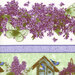 Close up detail shot of border stripe fabric print with purple lilacs and green birdhouses on it