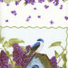 Close up detail shot of a bluebird on a birdhouse with green wavy border and lilac blossoms.