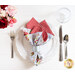 Reversible cloth napkin with red gingham fabric on one side and blue floral fabric on the other, in a white decorative plate with a place setting and vase of red and pink flowers.