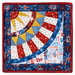 Isolated image of a patriotic quilt square made with red, white, blue, and yellow fabrics with stars and textures in a radiating pattern against a white background