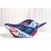 A red, white, and blue bowl cozy made with patriotic fabrics from the side on a white countertop with a white paneled wall behind.
