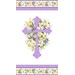 This panel features a purple cross with lilies and pansies framed with floral borders on a white background.
