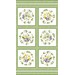 This fabric features 6 white squares on a green background, each with floral motifs in purple and yellow