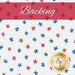 A swatch of white fabric with red and blue patriotic stars. A red banner at the top reads 