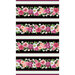 A black and white border stripe print with rows of beautiful bunches of roses and florals