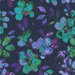 A navy blue fabric with teal and purple distressed floral designs with a painted look