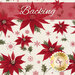 Cream fabric with red poinsettias and holly leaves all over with a red banner at the top that reads 