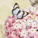 Close up detail shot of the blue butterfly and pink hydrangea on the panel.