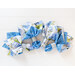 4 cloth napkins made of white, green, and blue floral prints fanned out with silver napkin holders on a white background