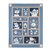 A blue and tan quilt featuring several snowmen isolated on a white background