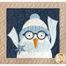 close up of a single quilt block depicting a snowman wearing a hat, scarf, and glasses with a plaid star on a dark blue background