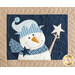 Close up of a single quilt block depicting a smiling snowman wearing a jester-style hat and scarf, holding a star with another on the scarf, against a dark blue background
