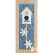 close up of a rectangular quilt block featuring a birdhouse on a tall pole with two large snowflakes below