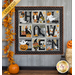 Photo of a small Halloween quilt hanging on a gray paneled wall with fall/Halloween decor and a ladder with pumpkins on either side. Each block of the quilt contains a letter of the word 