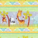 close up of fabric featuring safari scenes and palm trees in a wide border stripe pattern