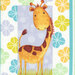 close up of panel featuring an adorable giraffe on a gray polka dot background surrounded by soft flower motifs and an aqua scalloped border
